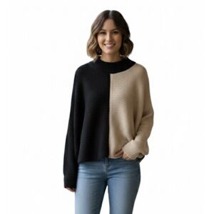 Two-tone Knit Sweater, Dolman Sleeve, Women’s M, Black Tan